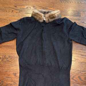 Urchin Silk and Cashmere Black Sweater with Faux Fur Collar